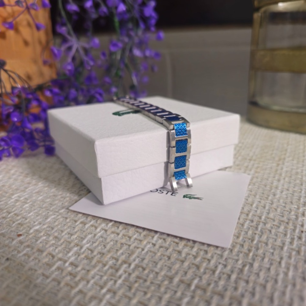 Lacoste Two Tone Blue Silver Woven Link Bracelet Stainless Steel 9in Unisex - Picture 4 of 5